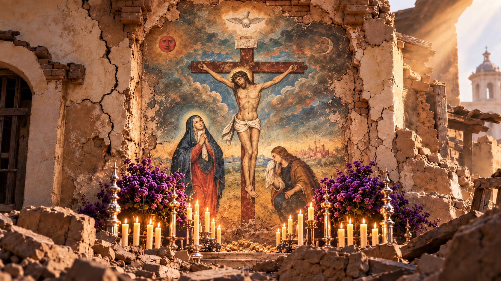 Una recreación ilustra el muro con la pintura del Señor de los Milagros en pie tras los sismos coloniales de Lima, rodeado por escombros, velas encendidas y flores moradas. (Imagen Ilustrativa Infobae)