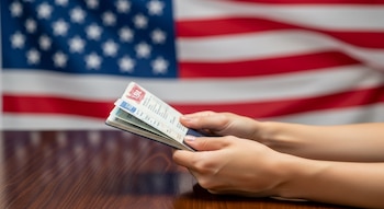 Primer plano de manos sosteniendo un pasaporte extranjero abierto sobre una mesa de madera. Una bandera de Estados Unidos, desenfocada, está al fondo.