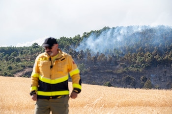 Efectivos desplegados para la extinción del incendio declarado este jueves en La Mierla, Guadalajara. (Nacho Izquierdo/EFE)