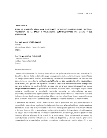 Un grupo de 33 académicos e investigadores colombianos solicitó mantener suspendida la aspersión aérea con glufosinato de amonio para erradicar cultivos de uso ilícito, hasta que las autoridades demuestren que evaluaron y pueden gestionar sus riesgos sanitarios y ambientales - crédito académicos y ambientalistas