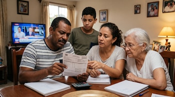 Un hombre, una mujer, un niño y una anciana observan una factura de luz sobre una mesa con cuadernos y una calculadora.