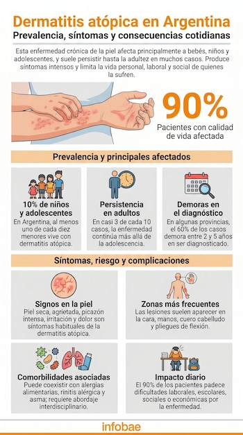 Infografía detallada sobre la dermatitis atópica en Argentina, mostrando un brazo con lesiones cutáneas, estadísticas de prevalencia en niños y adultos, demoras en el diagnóstico, síntomas, zonas frecuentes, comorbilidades e impacto diario.