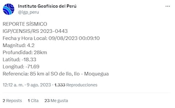 Según el Instituto Geofísico de Perú (IGP), el movimiento telúrico comenzó a las 00:09 (hora local). (Fuente: Twitter IGP)