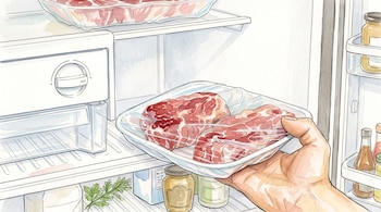 Ilustración en acuarela de una mano guardando carne cruda empaquetada en un refrigerador con frascos y recipientes.