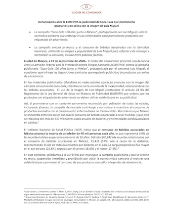 Documento en papel con el logotipo de El Poder del Consumidor y texto sobre una denuncia ante la Cofepris referente a la marca Coca-Cola