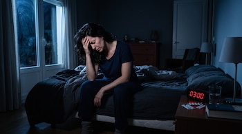 Mujer sentada en una cama con la mano en la cabeza junto a un reloj digital marcando las 03:00, medicamentos y un vaso de agua.