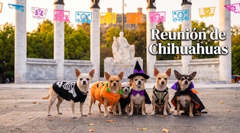 Seis perros chihuahua disfrazados posan alineados en una plaza frente a columnas con papel picado y el texto Reunión de Chihuahuas.