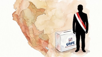 Ilustración en acuarela de un mapa de Perú con fronteras, una urna electoral de la ONPE y una silueta presidencial con banda bicolor.