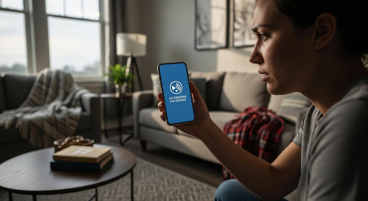 Una mujer joven muestra frustración al ver la pantalla de su teléfono móvil indicando