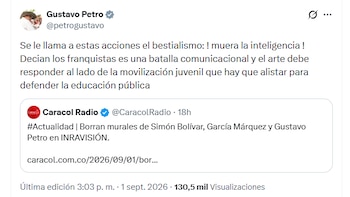 Gustavo Petro reaccionó al borrado de murales en Inravisión y presentó la decisión como una disputa por los símbolos y los relatos públicos - crédito @petrogustavo/X