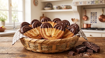 Un canasto con piezas de pan dulce de hojaldre bañadas en chocolate sobre una mesa de madera junto a trozos de chocolate.