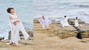 Dos fotografías compuestas que muestran a mujeres con vestidos blancos posando sobre rocas frente a un mar con oleaje