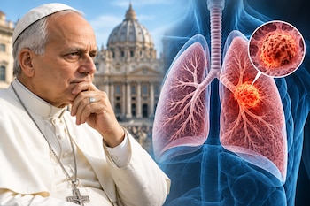 Un hombre con vestidura papal y la basílica de San Pedro al fondo junto a una ilustración anatómica de pulmones con una masa tumoral