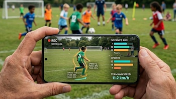 Manos sosteniendo un smartphone horizontal grabando un partido de fútbol infantil. En la pantalla, un niño con gráficos de IA y datos de rendimiento; el campo borroso detrás
