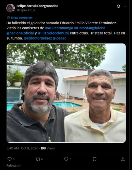 El periodista de La Vanguardia confirmó su fallecimiento y varios periodistas del gremio deportivo replicaron la noticia-crédito @PipeZarruk