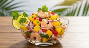 Un tazón de vidrio con ceviche de camarón, dados de mango, cebolla morada, pimiento rojo, cilantro y rodaja de lima sobre una superficie de madera.