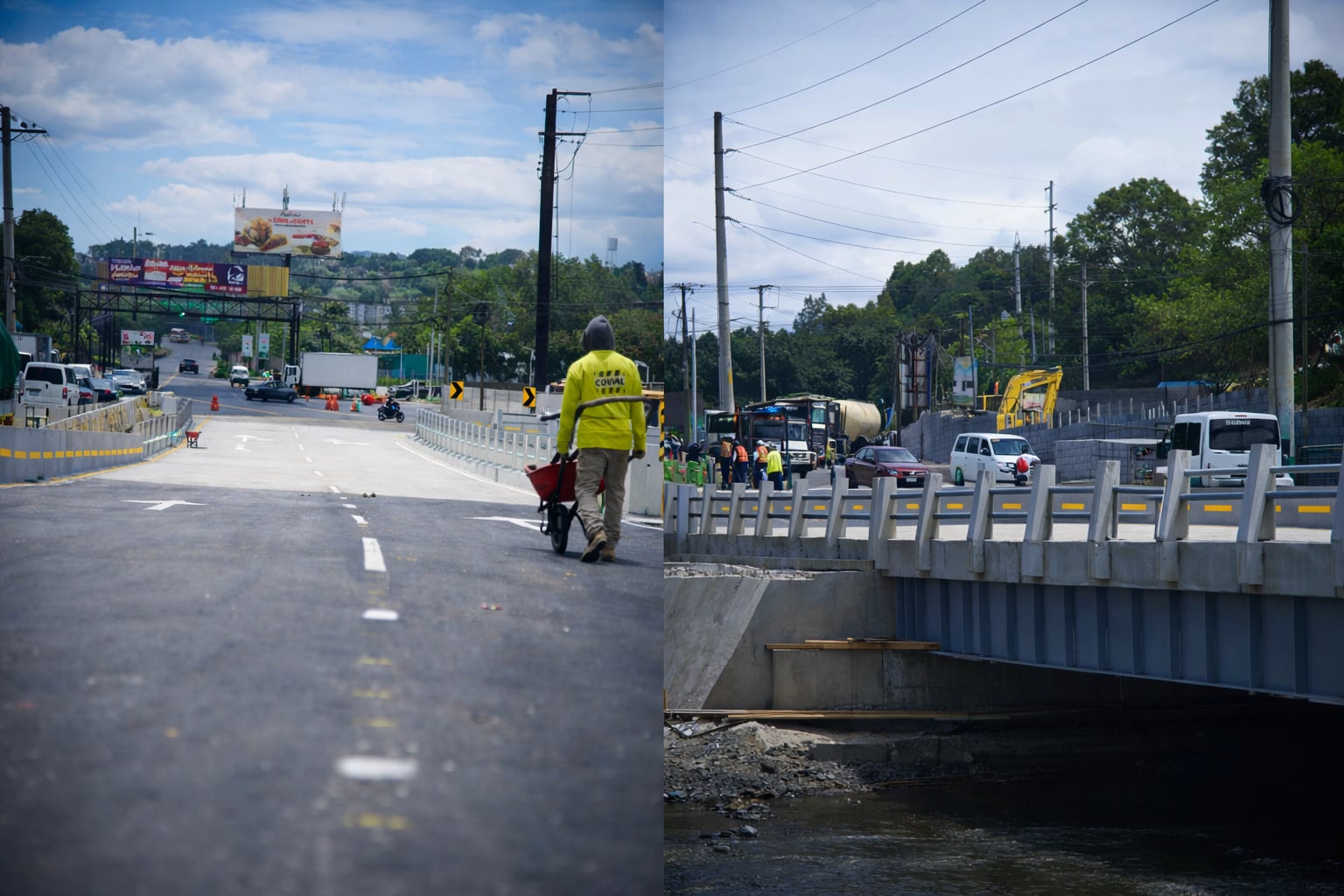 Un trabajador de COVIAL empuja una carretilla en una carretera recién construida junto a un puente vehicular sobre un río. (Imagen Ilustrativa Infobae)