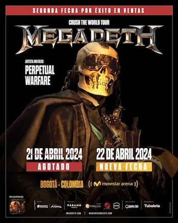 La emblemática banda de thrash metal Megadeth se presentará el 21 y 22 de abril de 2024, marcando su regreso en un evento que promete ser histórico para los fans colombianos - crédito @musictrendscol / X