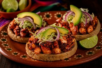 Tres sopes de maíz con pulpo en adobo, col, cebolla morada y rebanadas de aguacate sobre un plato de barro artesanal.