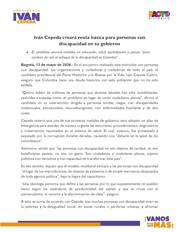 Iván Cepeda presentó iniciativa para revertir décadas de exclusión de la población con discapacidad - crédito Equipo de prensa Iván Cepeda