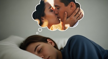 Una mujer de cabello castaño oscuro duerme de lado sobre una almohada blanca; sobre ella, una burbuja de pensamiento muestra a una pareja besándose.