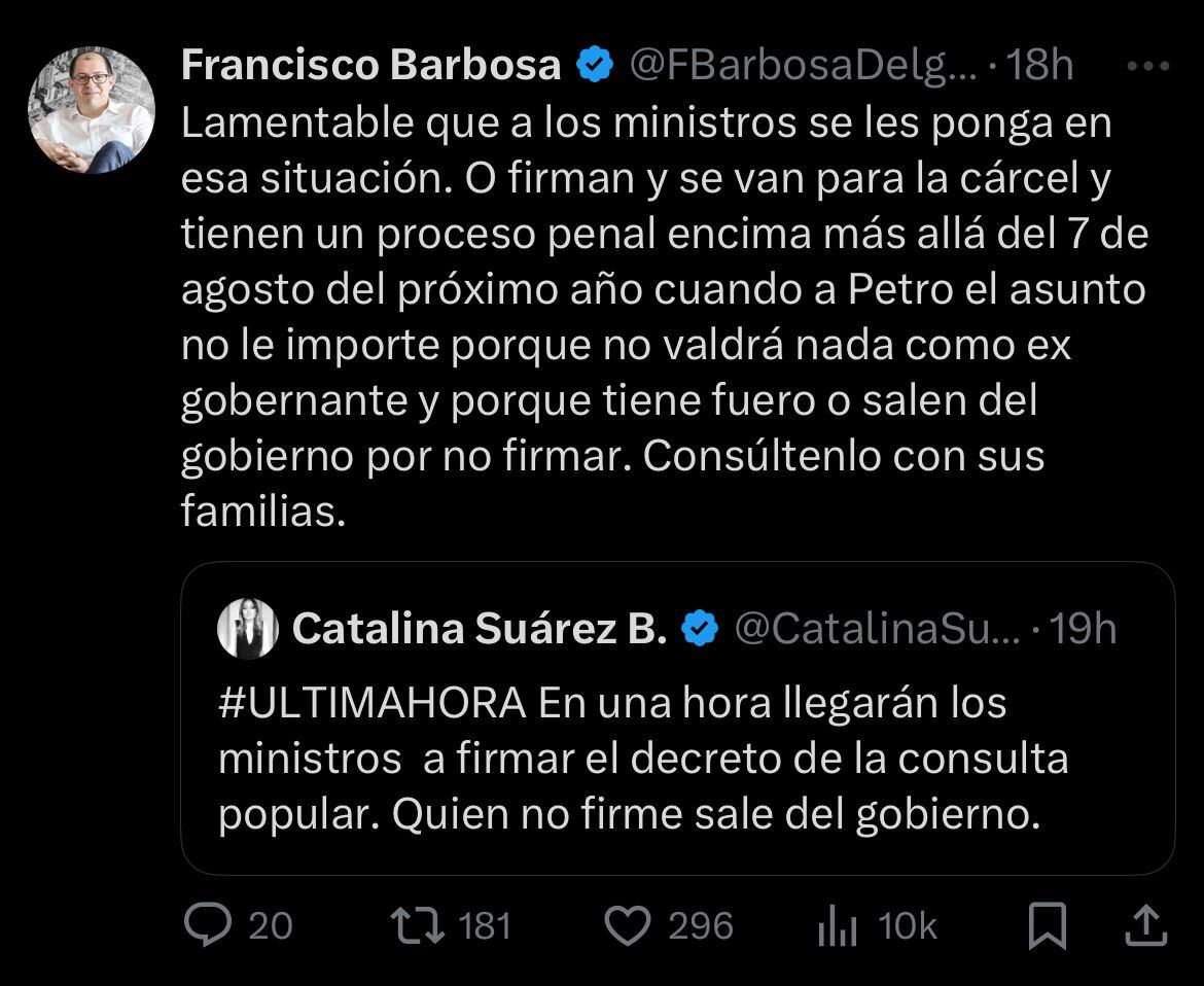 El exfiscal lanzó un duro mensaje en contra de la directiva presidencial para los ministros frente a la consulta popular - crédito @FBarbosaDelgado/X