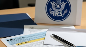 Logotipo del IRS en azul y blanco, Formulario 843, documentos fiscales, un bolígrafo negro y un sobre abierto sobre una mesa de madera.