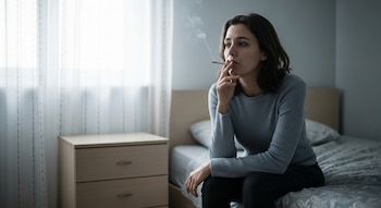 Mujer sentada en el borde de una cama, fuma un cigarrillo con humo, junto a una mesita de noche y una ventana con cortina blanca.