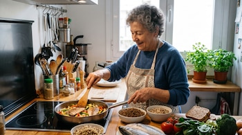 Una mujer remueve alimentos en una sartén sobre la cocina, rodeada de verduras, pescado fresco, pan y cuencos con legumbres.