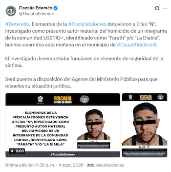 Publicación en red social de la Fiscalía del Estado de México con texto y la imagen de un hombre detenido con los ojos cubiertos