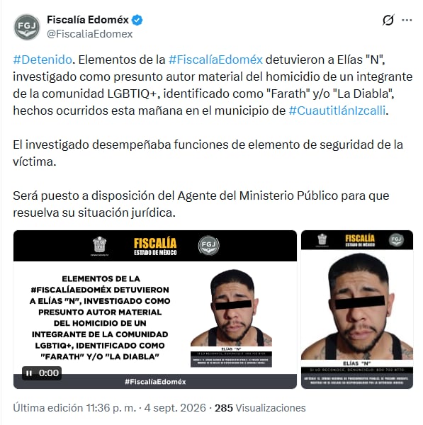 Un comunicado de la Fiscalía del Estado de México reporta la detención de Elías N por su presunta responsabilidad en un homicidio en Cuautitlán Izcalli. (Fiscalía del Estado de México)