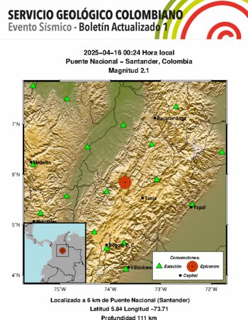El SGC reportó que el sismo tuvo una magnitud de 2,1 - crédito Servicio Geologico Colombiano