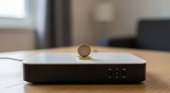 Módem WiFi moderno sobre mesa de madera. Sobre él, una pila de tres monedas metálicas, con una moneda de un euro arriba.