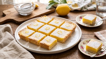 Cuadrados de pastel de limón espolvoreados con azúcar sobre un plato grande de cerámica blanca en una mesa de madera.
