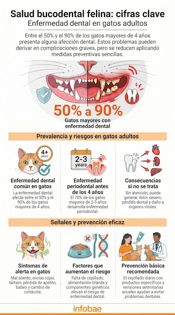 Infografía con gráficos e ilustraciones sobre salud dental en gatos, mostrando boca con dientes sanos y enfermos, síntomas, factores de riesgo y prevención.