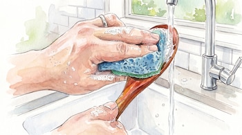 Dos manos lavan una cuchara de madera con una esponja y espuma bajo el chorro de agua de un grifo.