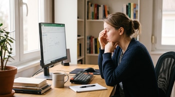 Una mujer sentada frente a un escritorio con computadora, teclado, taza y libreta, con los ojos cerrados y la mano en el rostro.