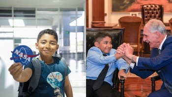 El niño hondureño André Enoc Mejía Romero, de 10 años, representa por primera vez a Honduras en el campamento internacional espacial de la NASA en Florida. (Cortesía: Presidencia de Honduras)