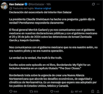 El exsecretario del Interior sostiene que el 25 y 26 de julio de 2024 él y Merrick Garland hablaron con autoridades mexicanas para aclarar que no hubo aeronave, piloto ni misión estadounidenses.
