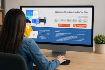 Una persona vista de espaldas utiliza una computadora que muestra en pantalla la página web de trámites del registro civil.