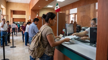 Mujer con mochila y billetes de dólar en ventanilla de banco mexicano. Cajera recibe documentos. Personas esperan en fila con banderas de México.