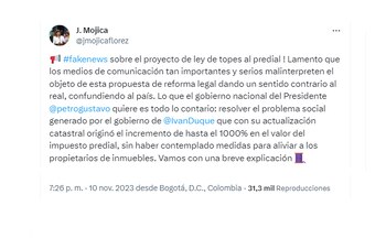 La ministra de Agricultura se sumó a la defensa del proyecto diciendo que lo que se busca es reducir el impuesto - @jmojicaflorez/X