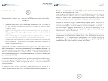 La Jurisdicción Especial para la Paz pidió una revisión inmediata de los esquemas de protección para su personal fuera de las principales ciudades - crédito JEP
