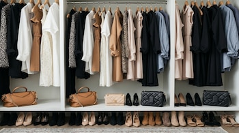 Un armario blanco organizado con ropa colgando en perchas, bolsos en estantes y zapatos en el suelo. Predominan los colores negro, blanco, beige y marrón.