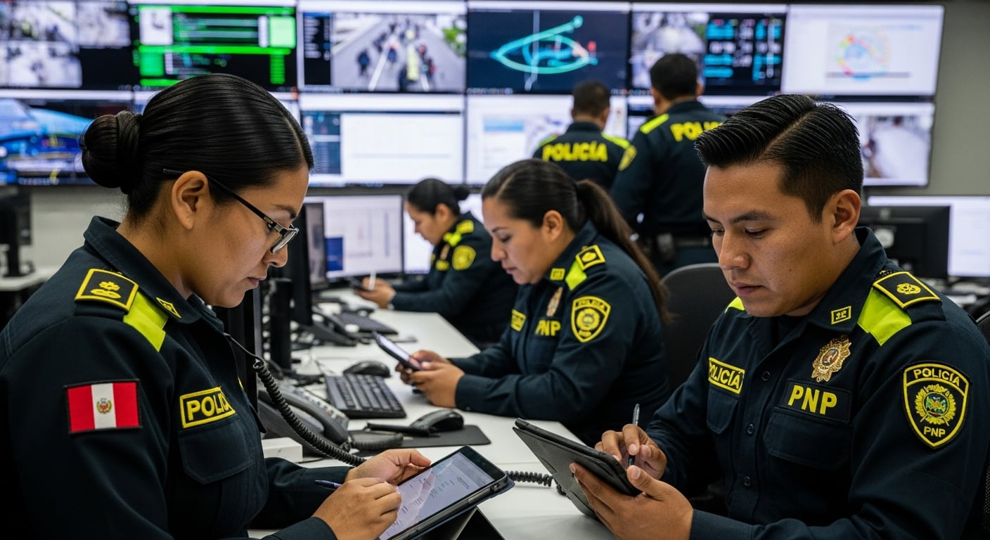 Agentes de la Policía Nacional del Perú utilizan tabletas y equipos de comunicación en un moderno centro de monitoreo, con pantallas de vigilancia al fondo. (Imagen Ilustrativa Infobae)