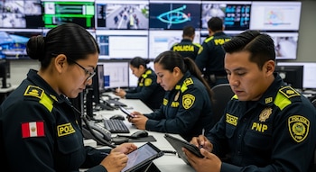 Cinco agentes de policía peruanos, dos hombres y tres mujeres, con uniformes oscuros, utilizan tabletas y teclados frente a pantallas de monitoreo.