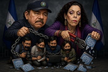 Caricatura con Daniel Ortega y Rosario Murillo que sujetan cadenas sobre cuatro reporteros amordazados y cortan iconos de sitios web.