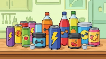 Ilustración de latas y botellas de bebidas energéticas y botes de suplementos pre-entrenamiento con cucharas, sobre mesa de madera en cocina.