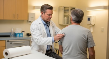 Un médico, vestido con bata blanca, ausculta la espalda de un paciente adulto con un estetoscopio en un consultorio médico.