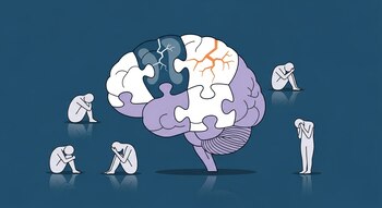 Ilustración conceptual de un cerebro como rompecabezas, algunas piezas rotas, rodeado por seis figuras humanas en diversas posturas de aflicción sobre un fondo azul petróleo.